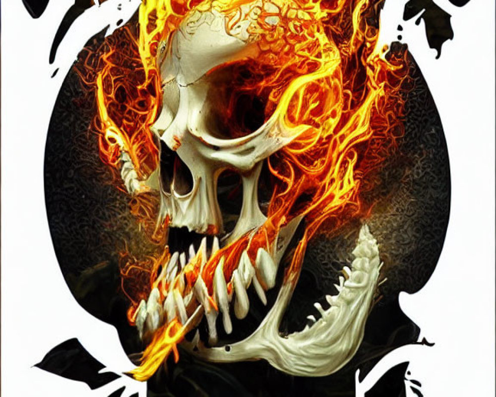 Fiery skull with flames against dark abstract background