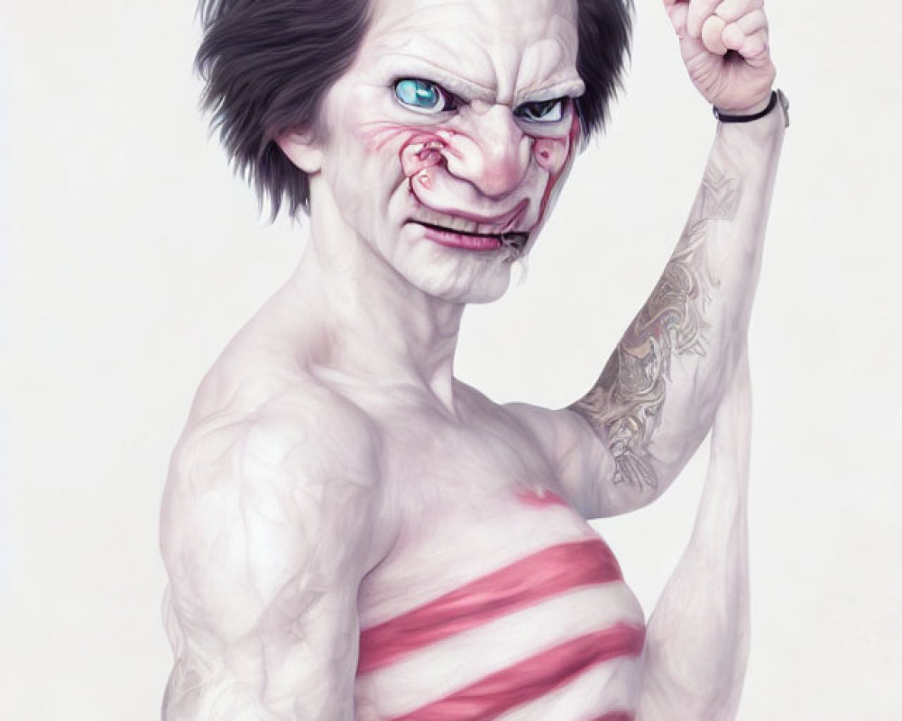 Enraged man illustration with exaggerated features and tattoo