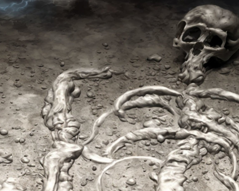 Eerie Human Skull on Desolate Ground with Bone-like Tendrils