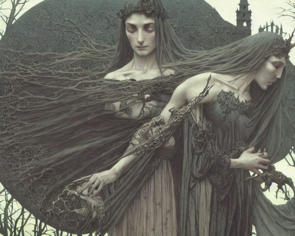 Ethereal female figures in flowing robes amidst ornate trees and distant castle