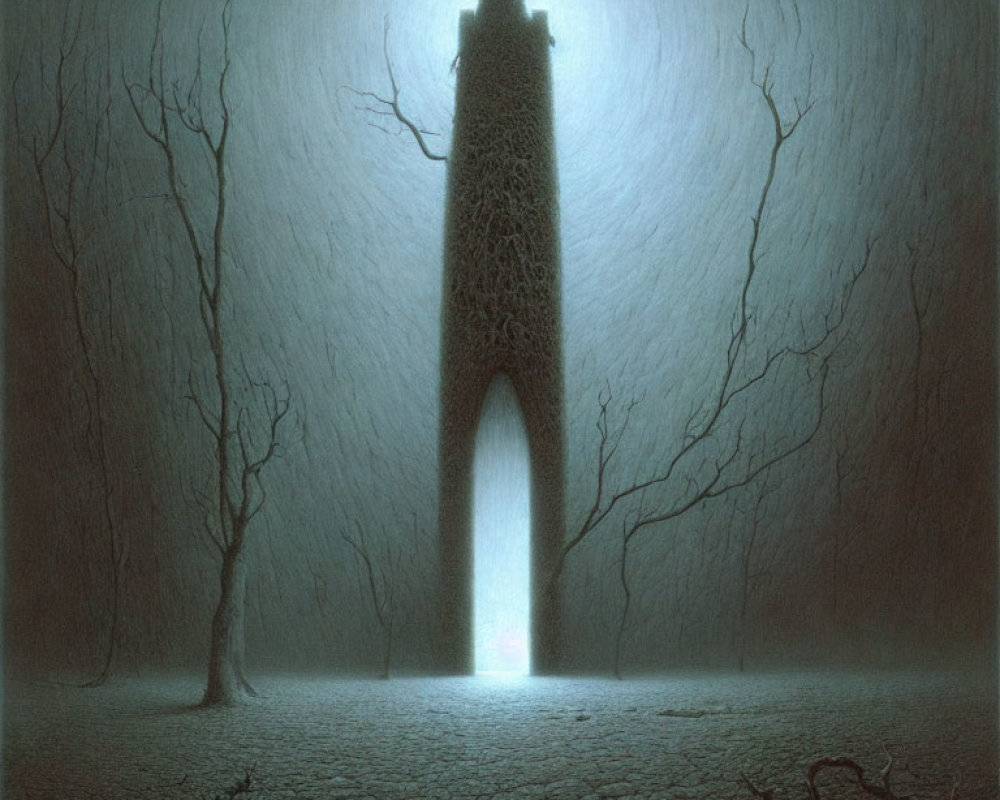 Surreal image of tall, ornate tower emitting light in barren landscape