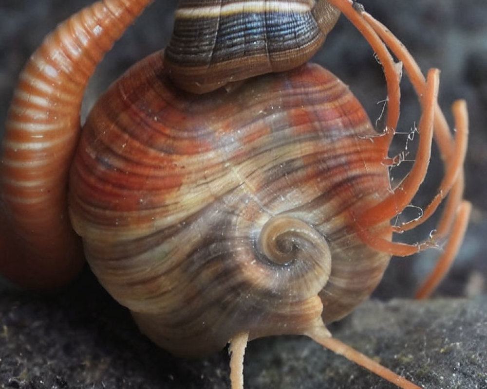 Brown Swirled Shell Snail with Millipede on Rock