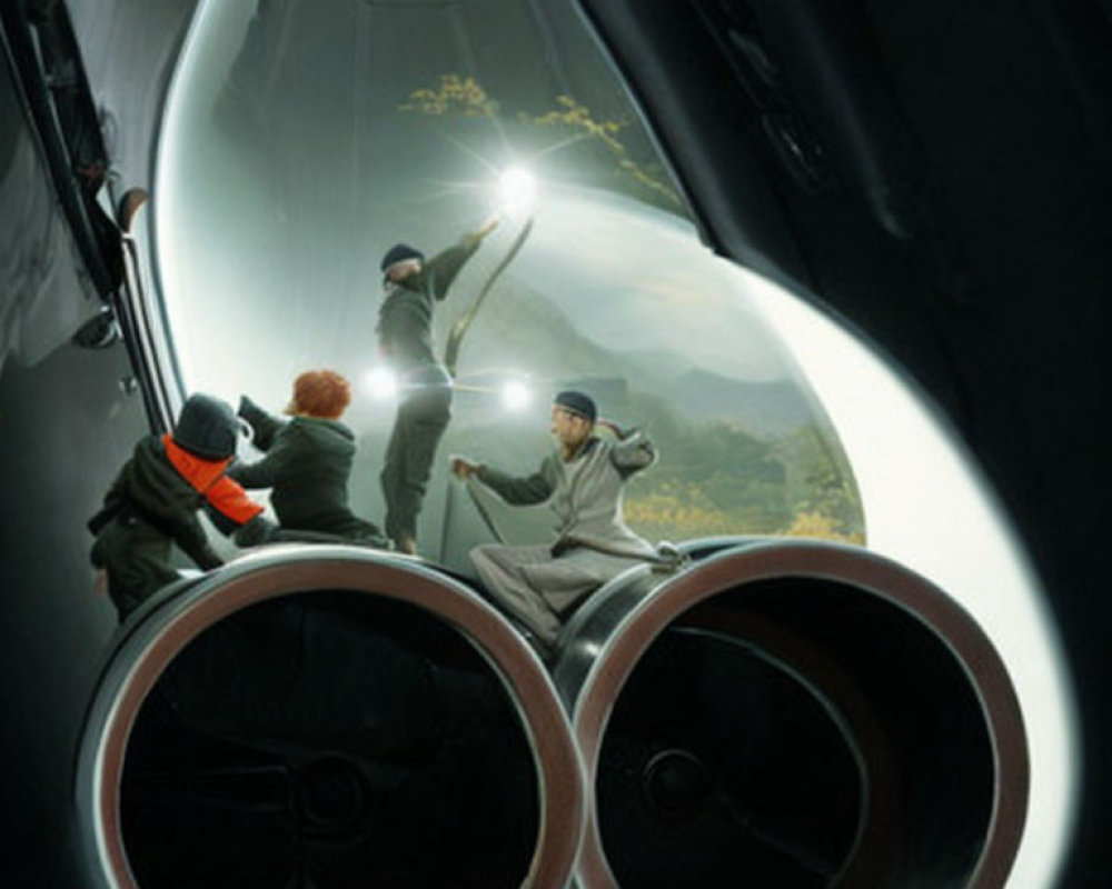 Group exploring futuristic aircraft interior with mountain view.