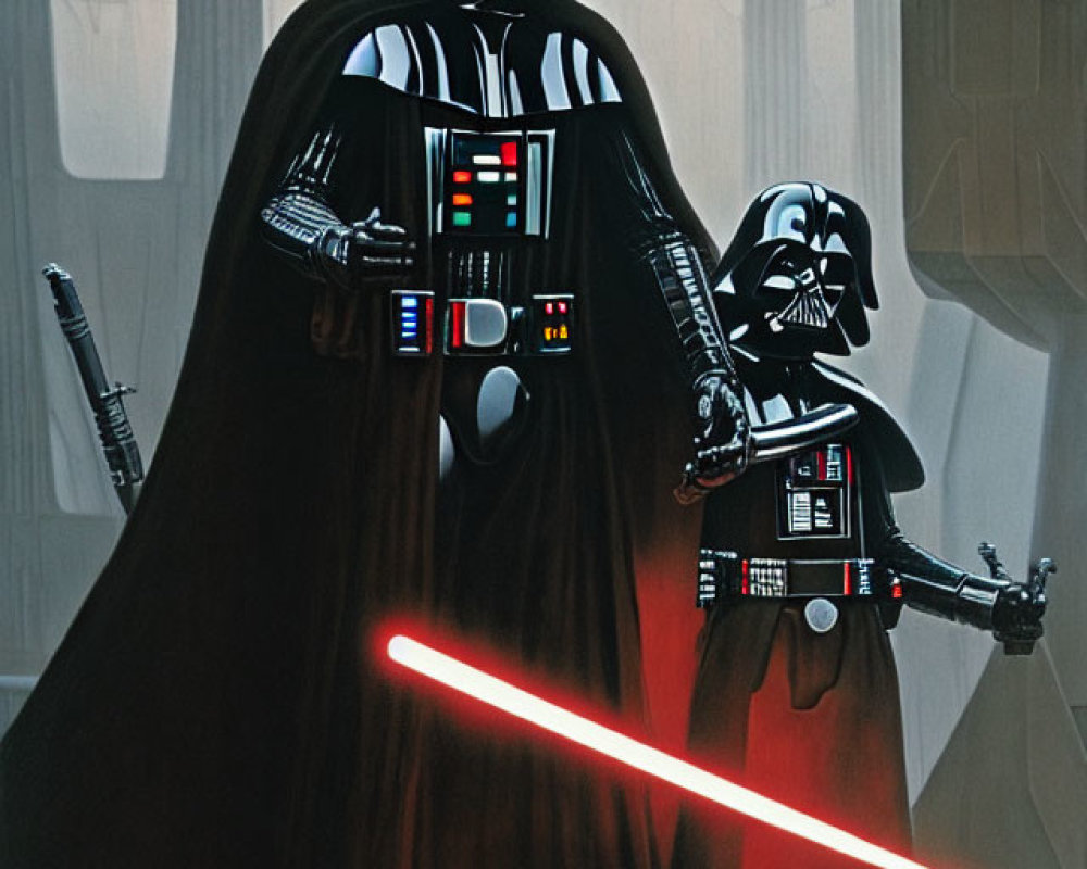 Futuristic Darth Vader with red lightsaber and smaller figure in image