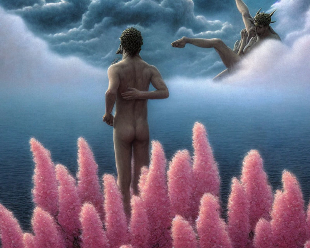 Surreal painting: Nude figure in pink flora under cloud-filled sky