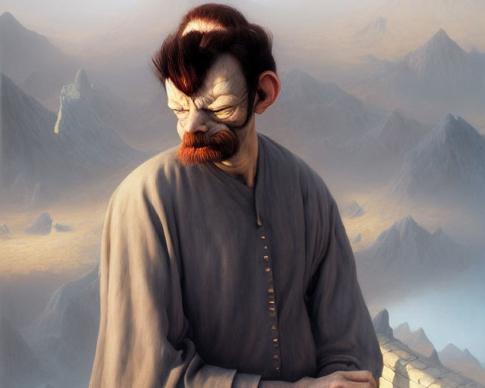 Simian-featured creature in robe gazes over misty mountain landscape