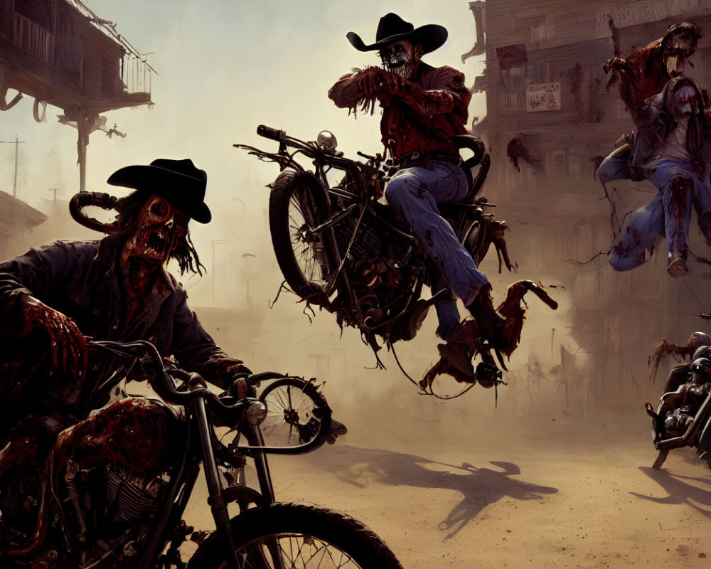 Post-apocalyptic illustration: skeletal cowboys on motorcycles in barren town