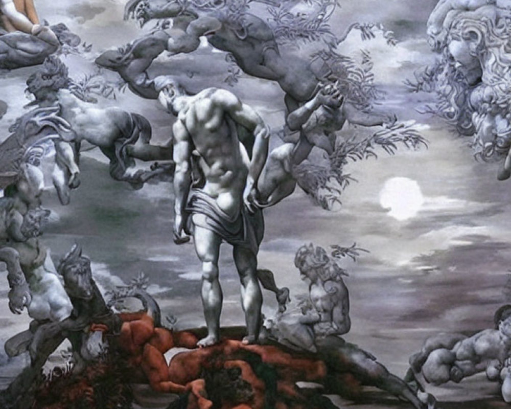 Muscular man on rocky outcrop under chaotic sky with galloping horses