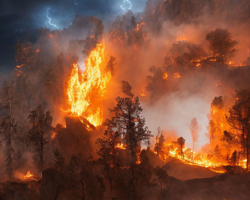 Intense night forest fire with orange flames and lightning storm