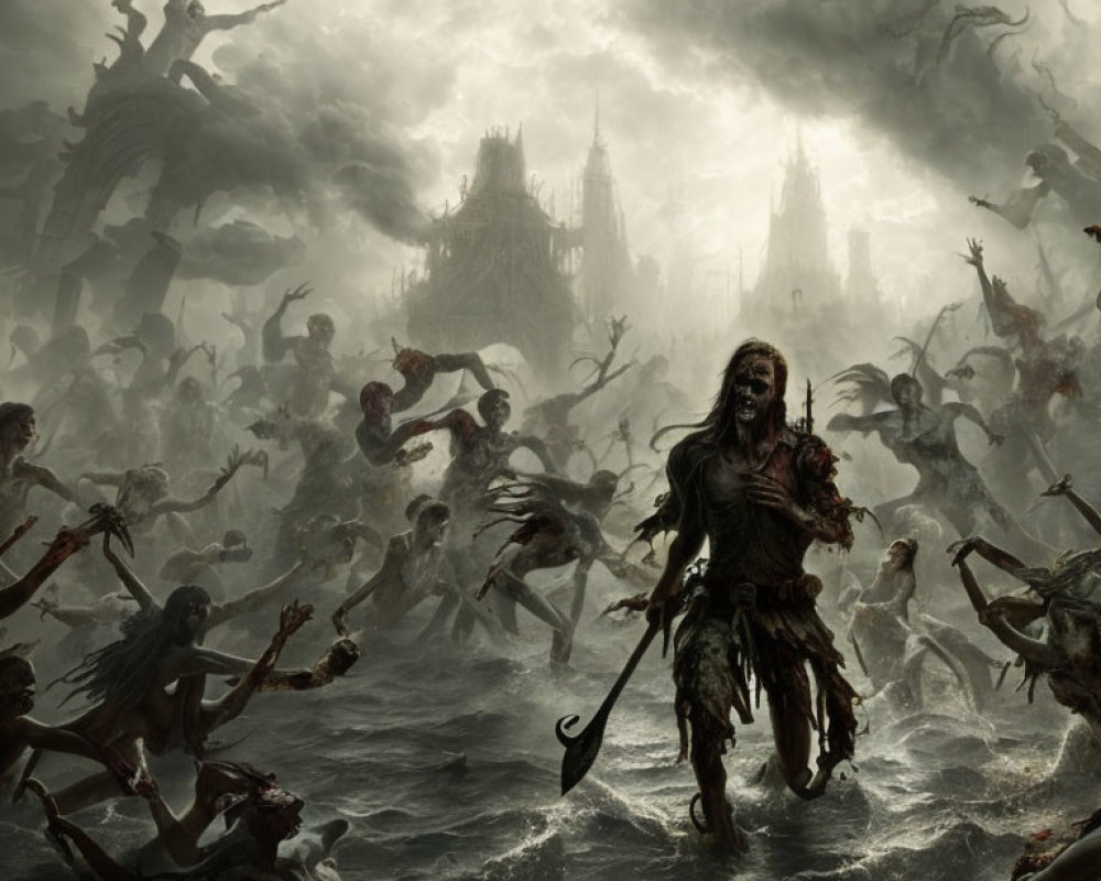 Undead Horde Rising in Ruined Waters Under Stormy Sky