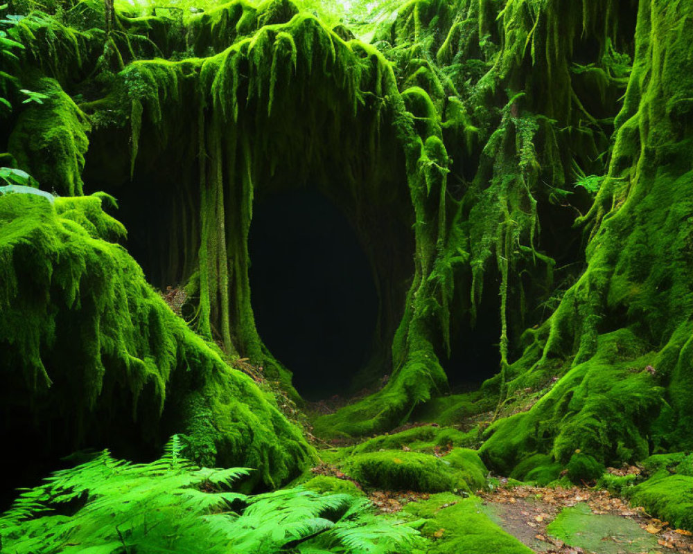 Enchanting moss-covered cave entrance in lush green forest