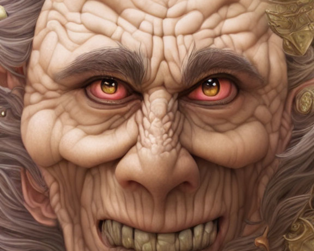 Elderly fantasy character with yellow eyes, wrinkles, gray hair, golden adornments, and flying