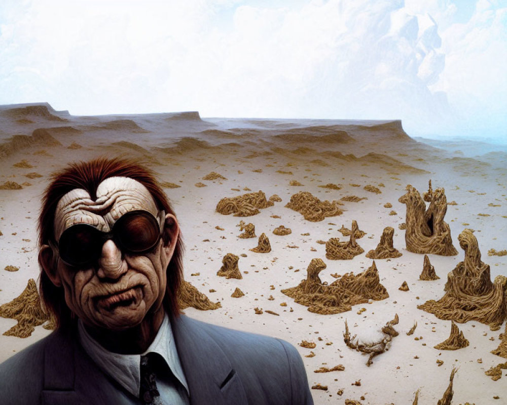 Man in Suit with Sunglasses in Surreal Desert Landscape