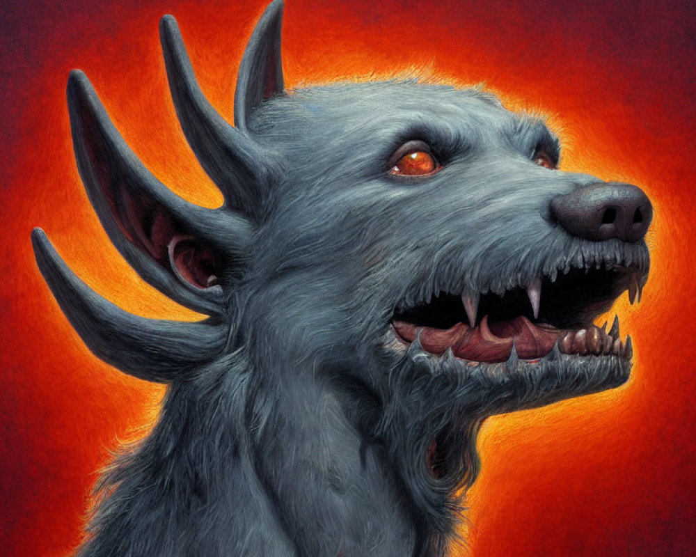 Fantastical grey creature with sharp teeth and glowing orange eyes on fiery red background