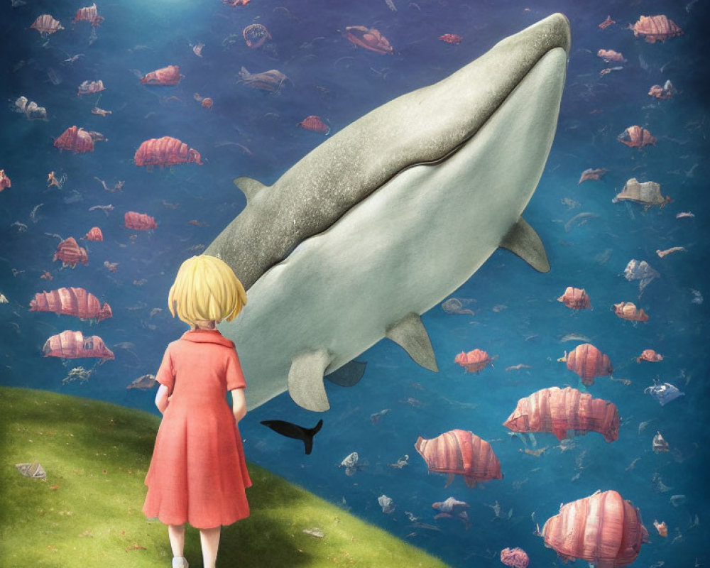 Child in red dress gazes at flying shark over grass with fish and moon