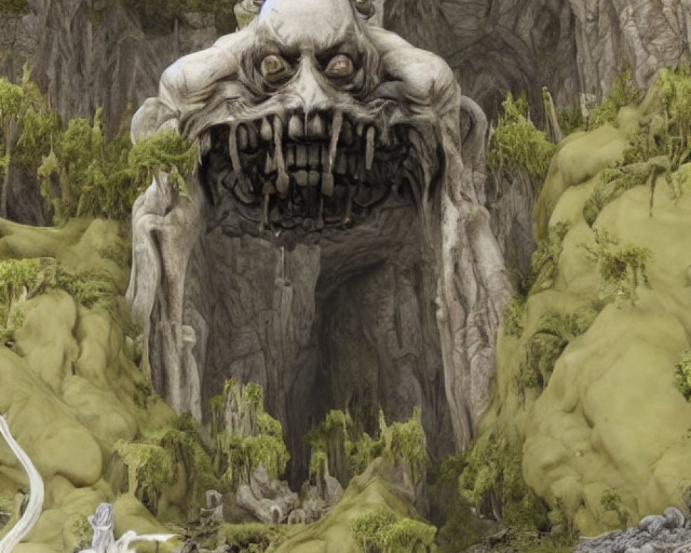 Monstrous face carved into cliff in fantastical landscape