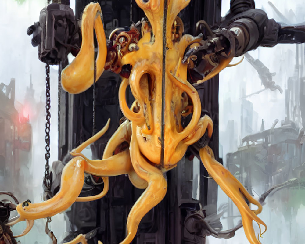 Mechanical pillar suspended by chains with orange tentacled creature in industrial cityscape