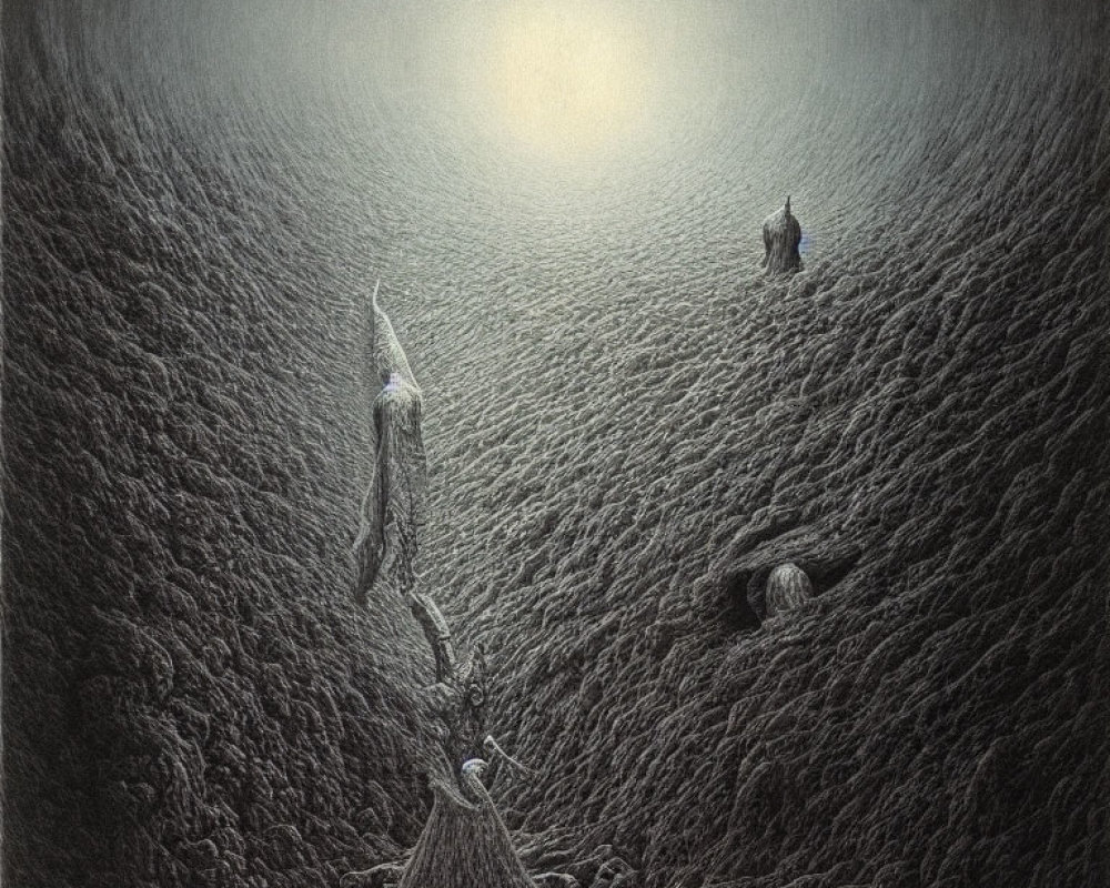 Surreal drawing of figure reaching towards bright orb with dog-like creature