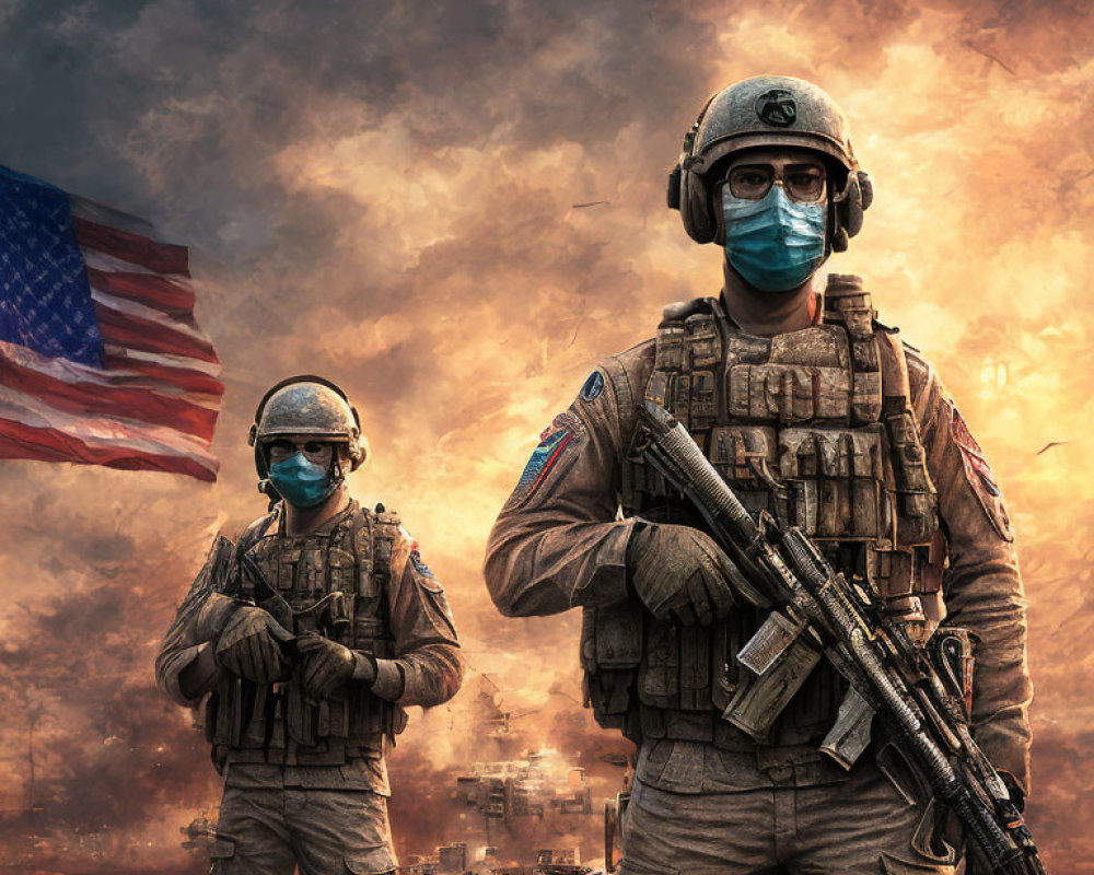 Soldiers in combat gear with face masks in front of smoky, fiery backdrop and American flag