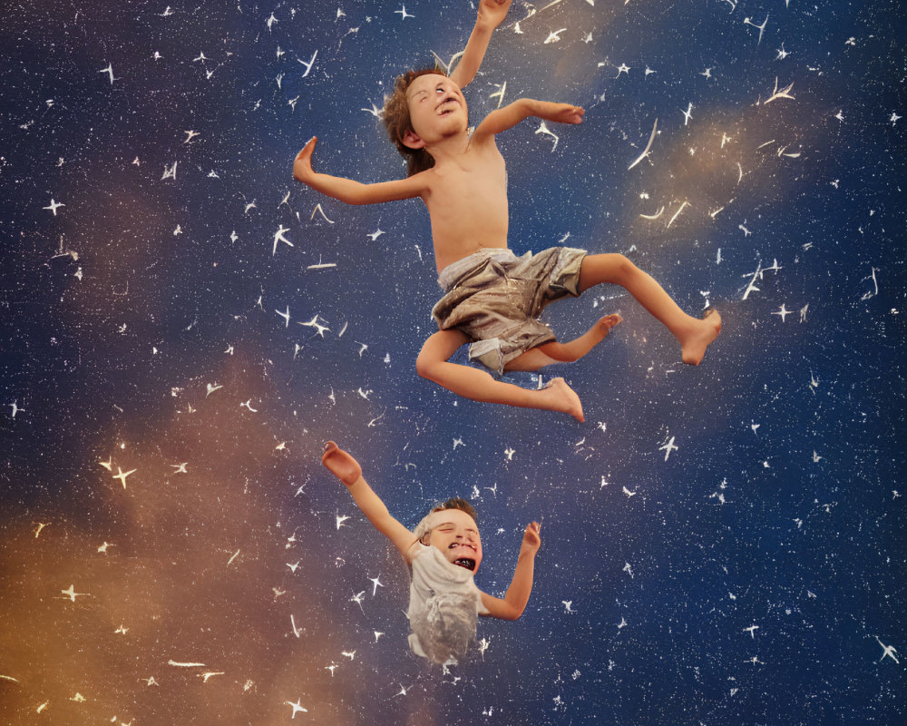 Children joyfully floating in starry night sky with outstretched arms.