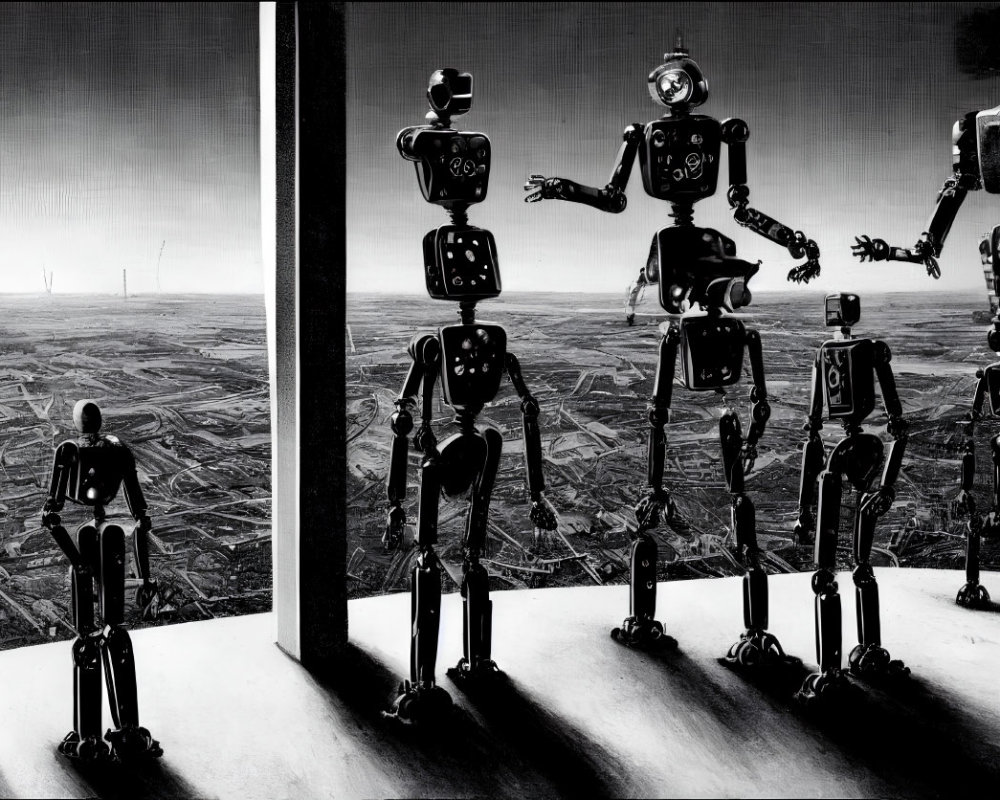 Monochrome vintage robot art with diverse poses