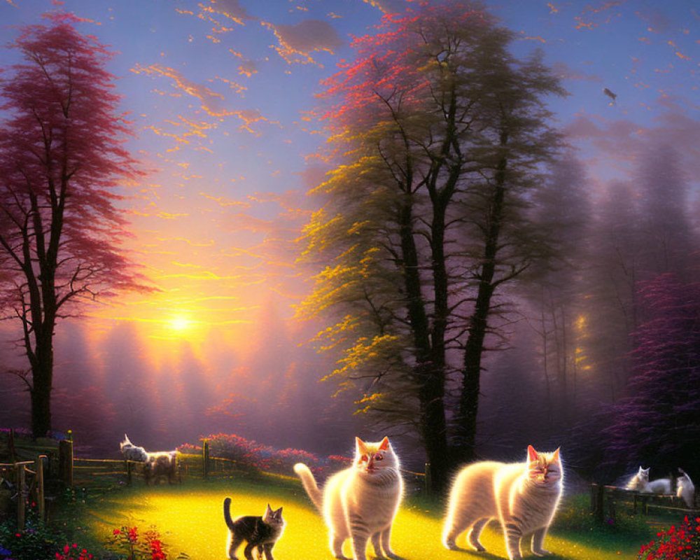 Glowing ethereal cats and kittens in vibrant forest at sunset