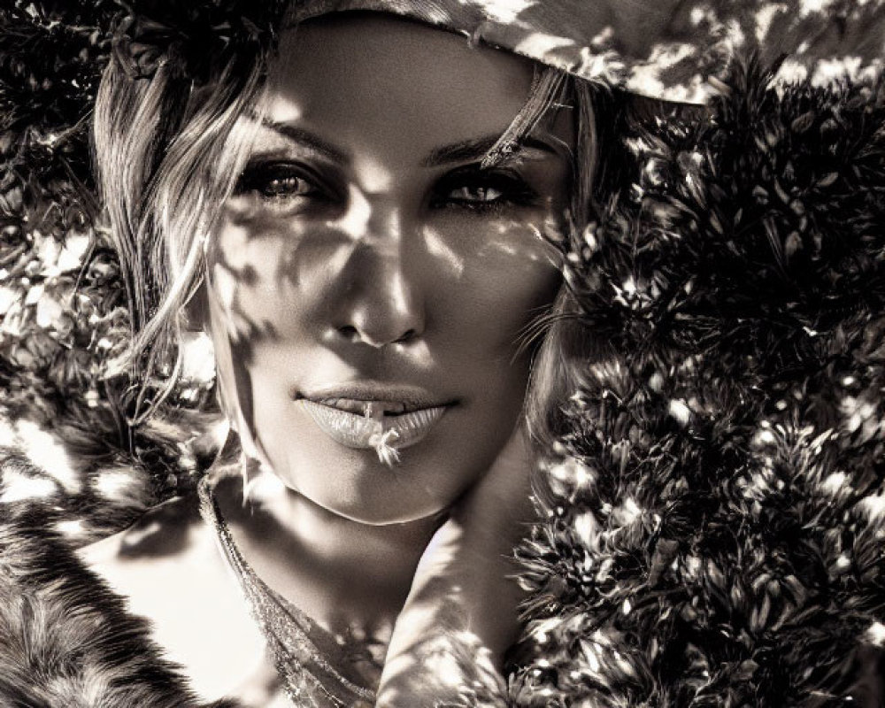 Monochrome portrait of woman with shadowed foliage, fur coat, and headscarf