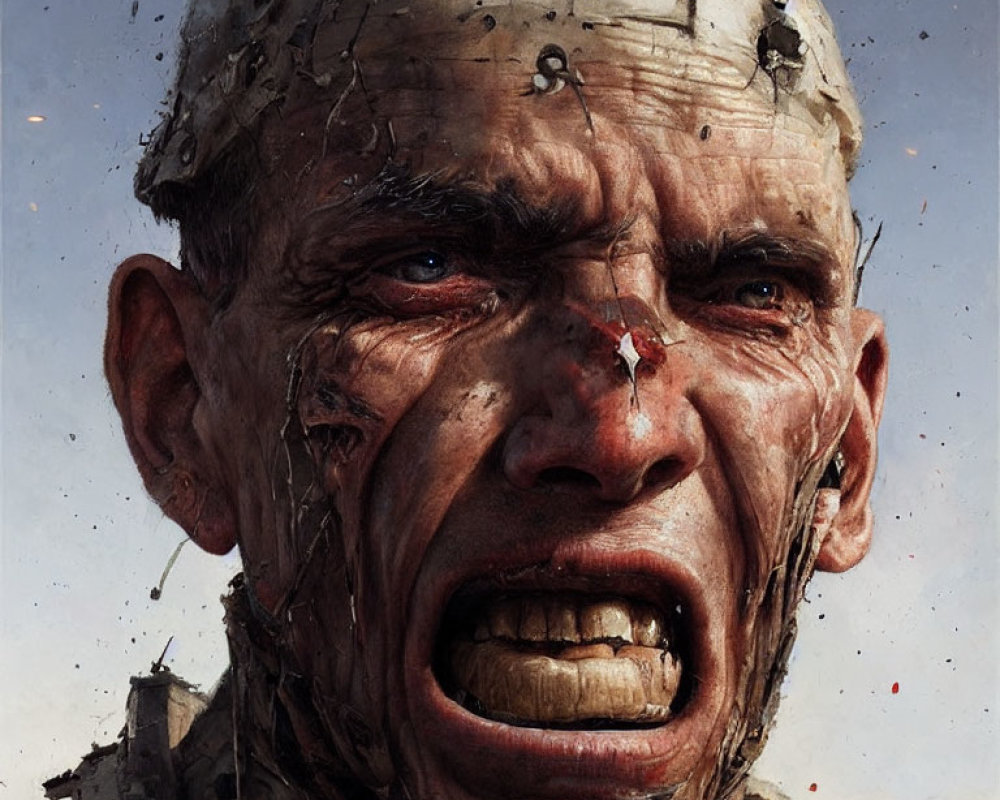 Detailed illustration of distressed man with cuts, dirt, and military attire