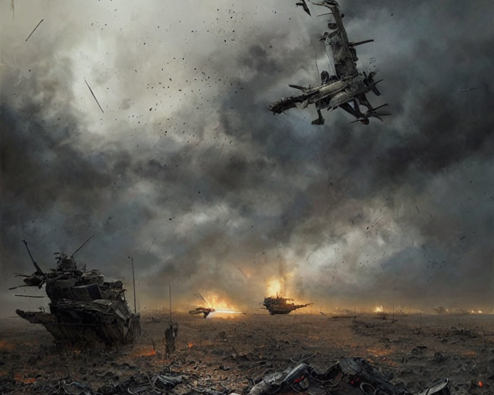 Explosive battlefield with tanks, helicopters, and debris