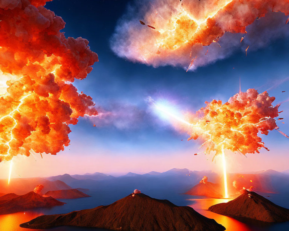 Digital Art: Volcanic Islands Eruption & Meteor Shower in Twilight Sky