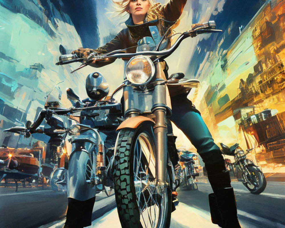 Vibrant cityscape with woman on motorcycle in dynamic pose