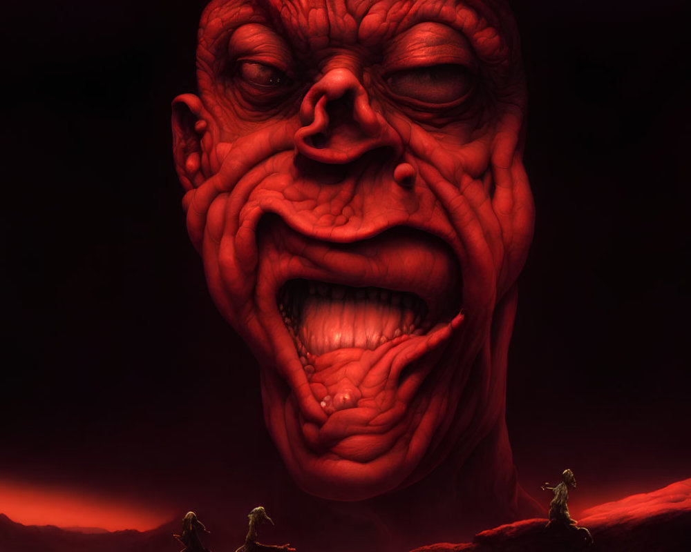 Giant menacing face over tiny figures on dark crimson landscape