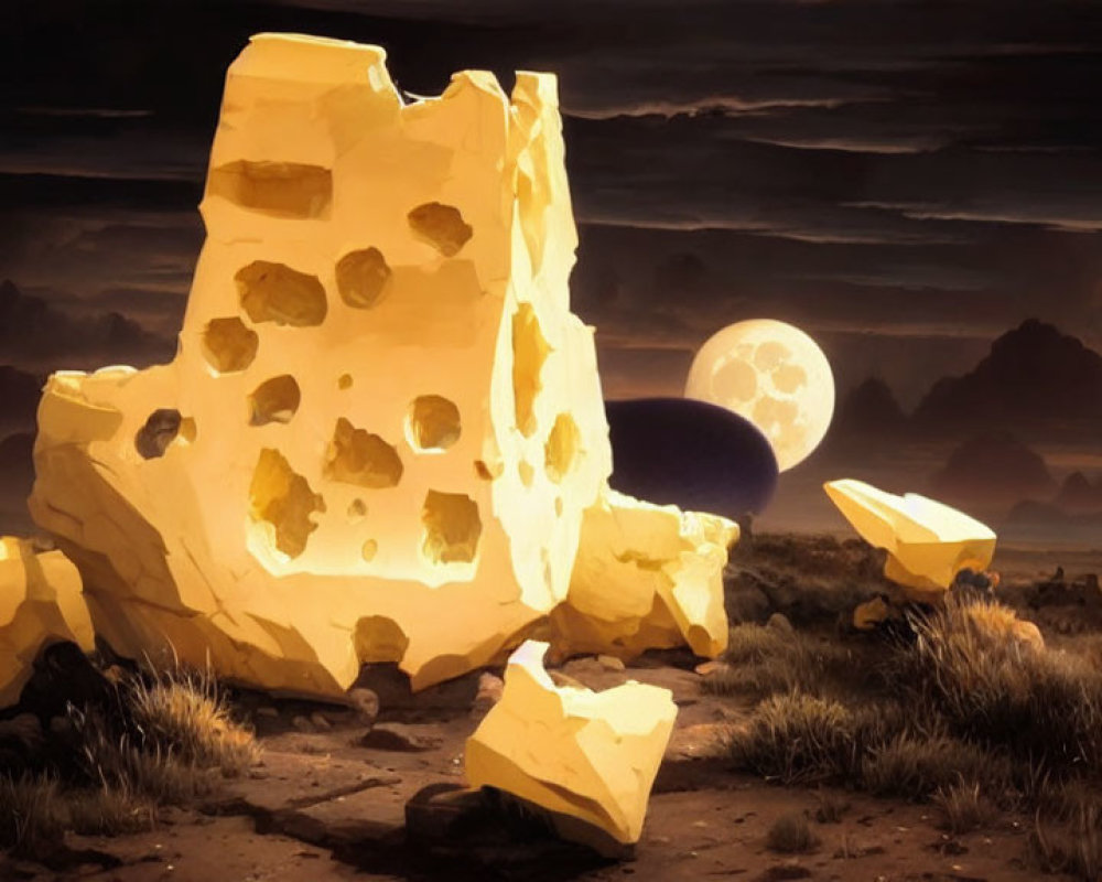 Moonlit sky illuminates large cheese-like rock formation in desert landscape