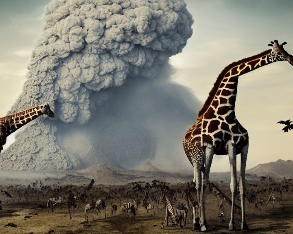 African savanna scene with giraffes, zebras, and volcanic ash cloud