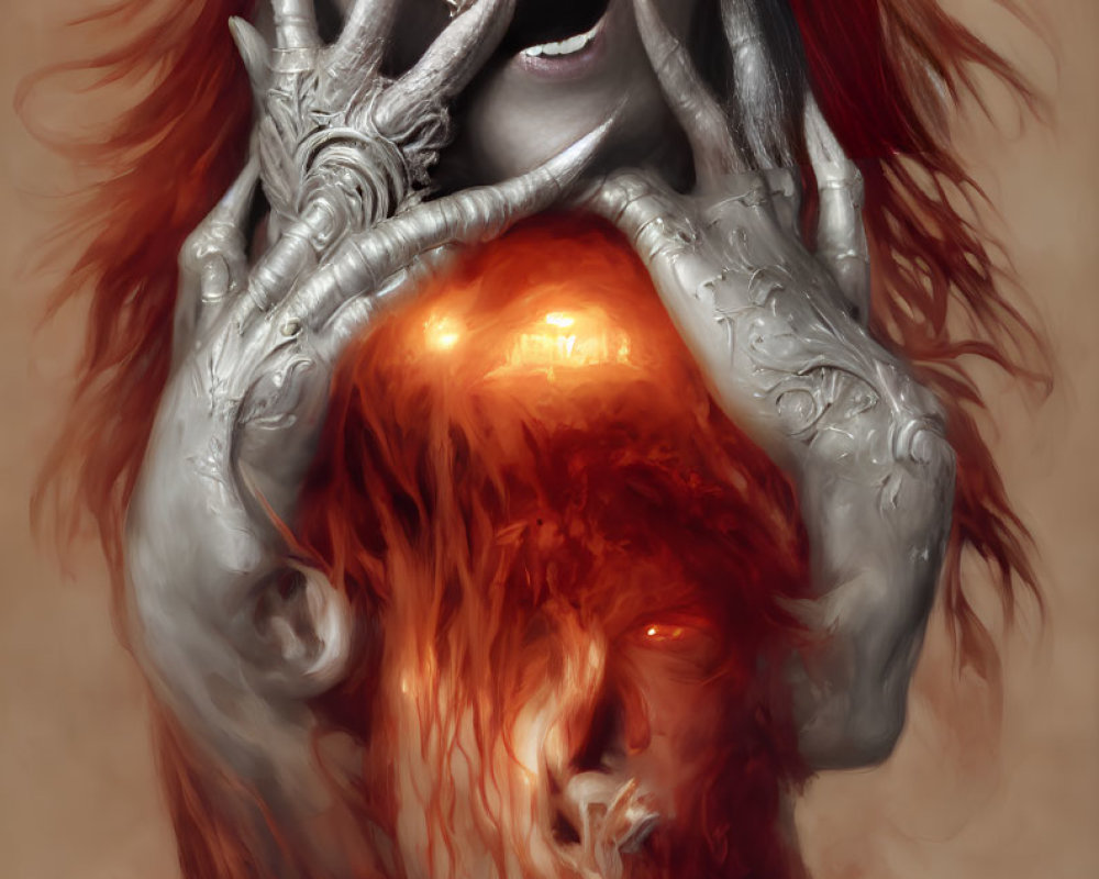 Surreal portrait of woman's face and hands above glowing, textured figure