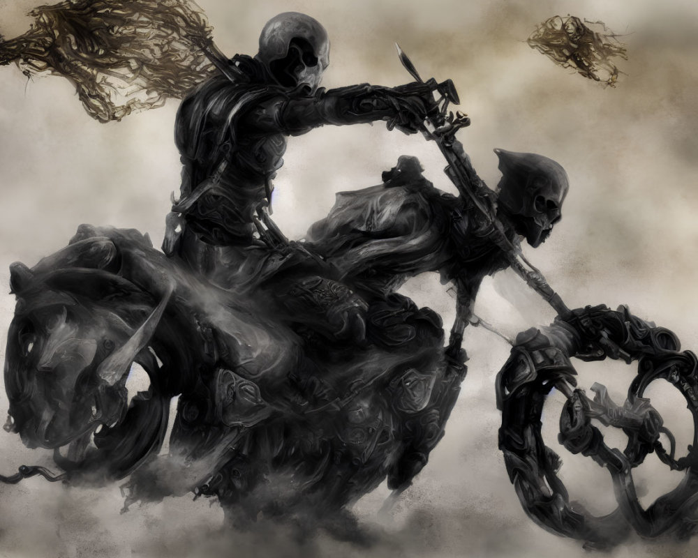 Monochromatic skeletal warrior on motorcycle with scythe and companion.