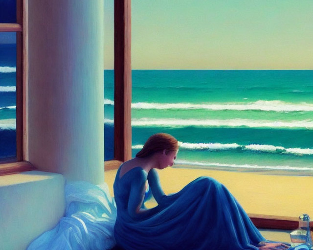 Serene artwork: woman in blue dress on porch by the sea