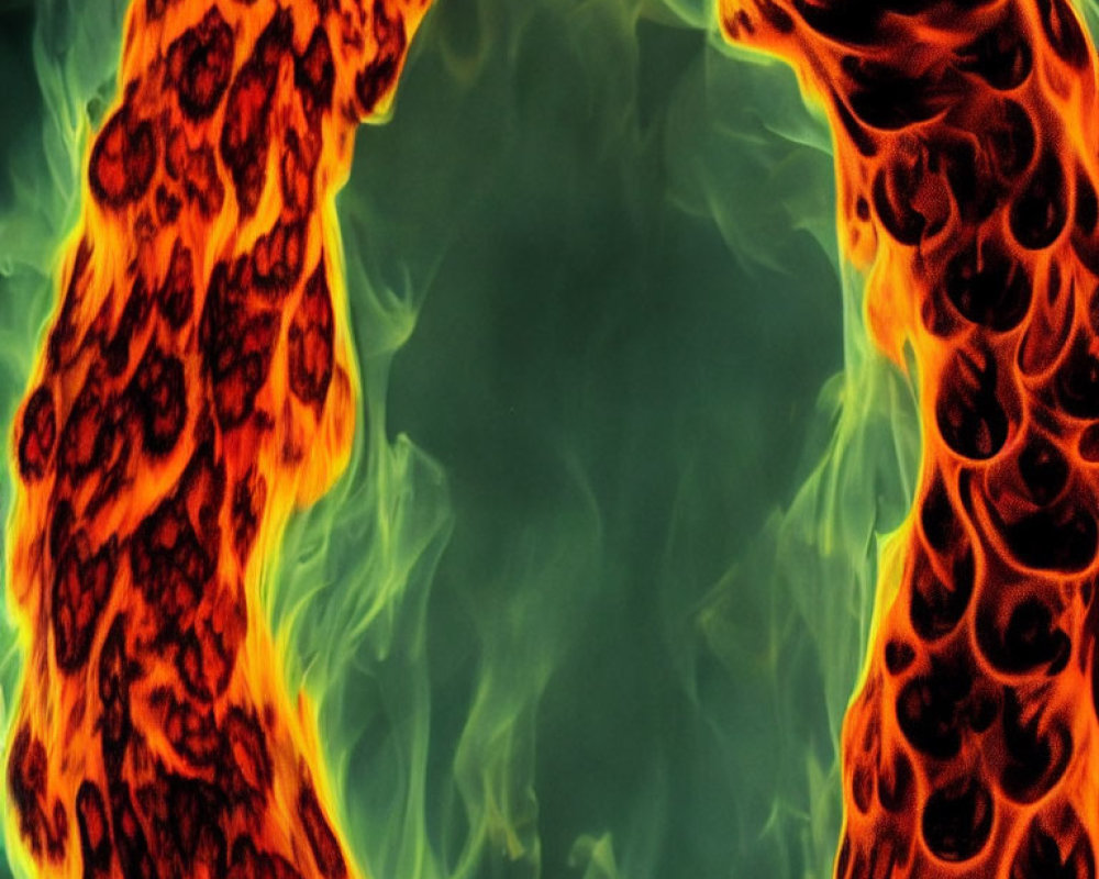 Abstract image with fiery orange and black shapes on green background