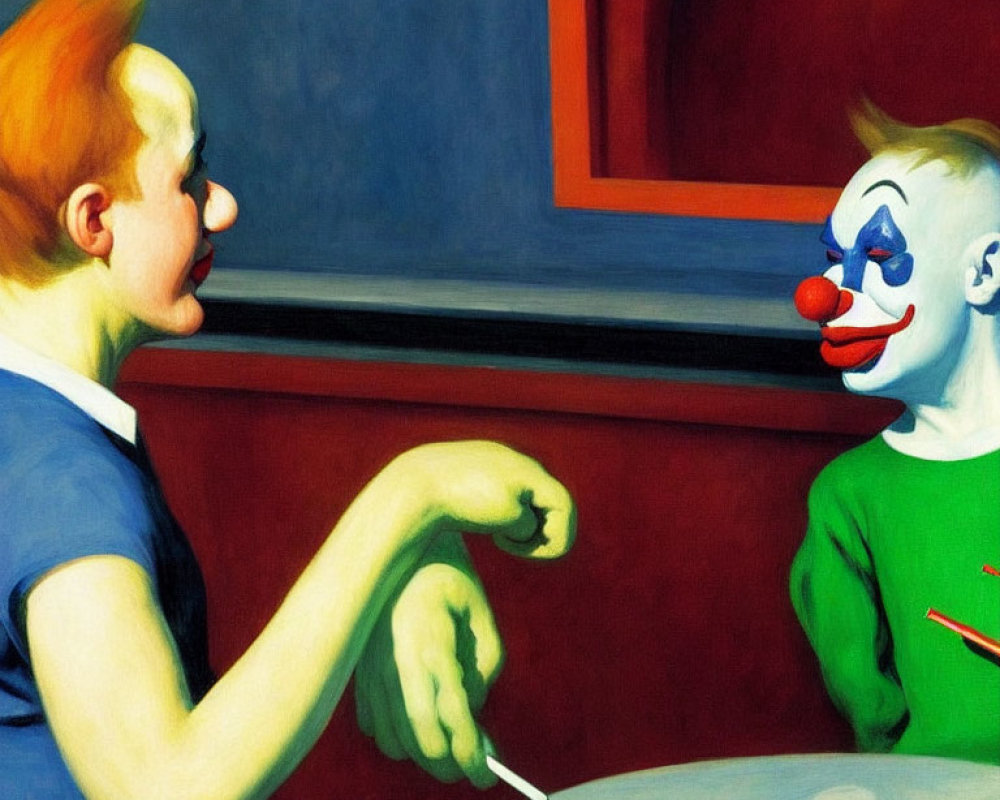 Person with Pointy Orange Hair Talking to Clown with Red Nose at Table