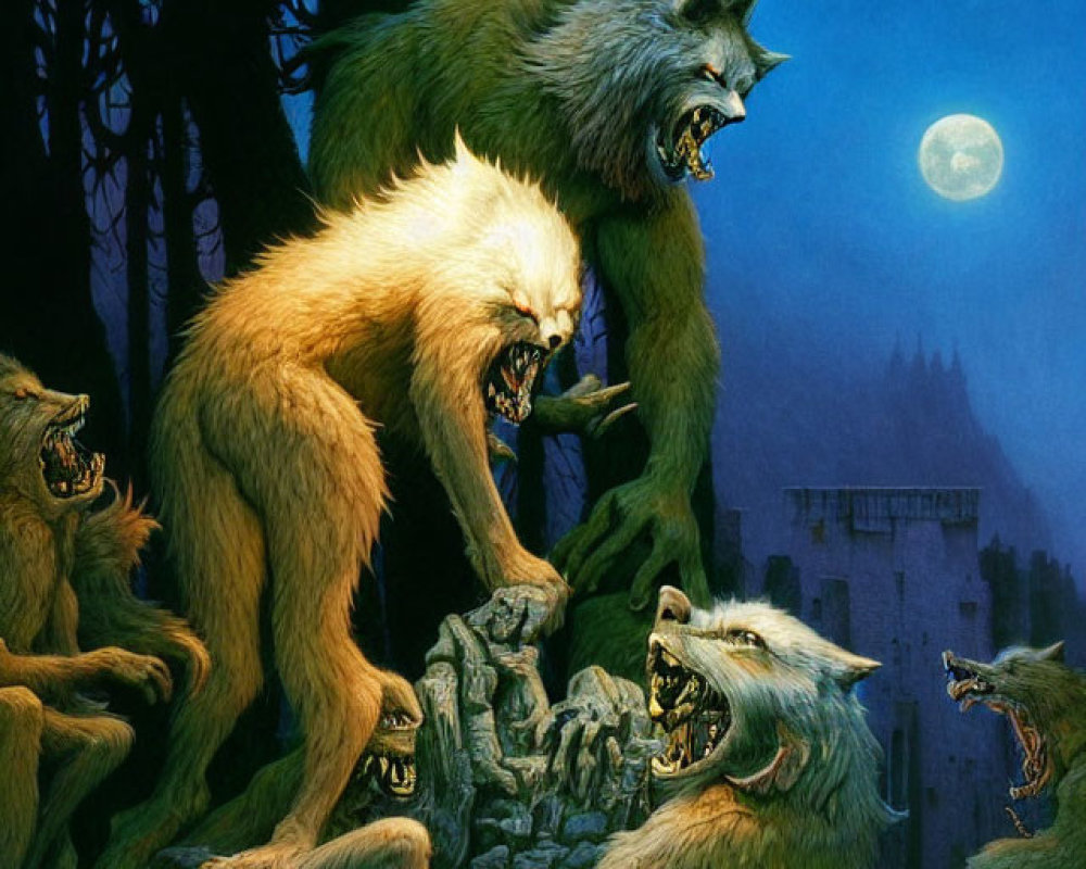 Eerie forest scene with snarling werewolves under full moon