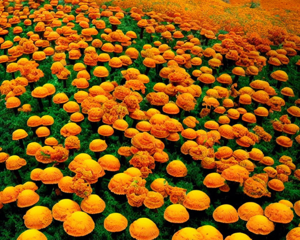 Vibrant marigold flowers in lush field against barren backdrop