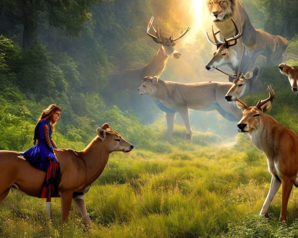 Surreal forest scene with woman in blue dress and lion spirit above deer