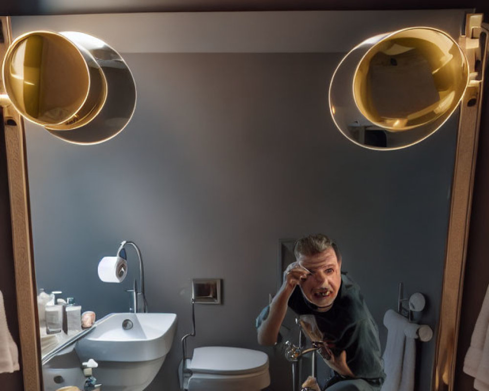 Man surprised grooming in bathroom mirror with sink and toiletries