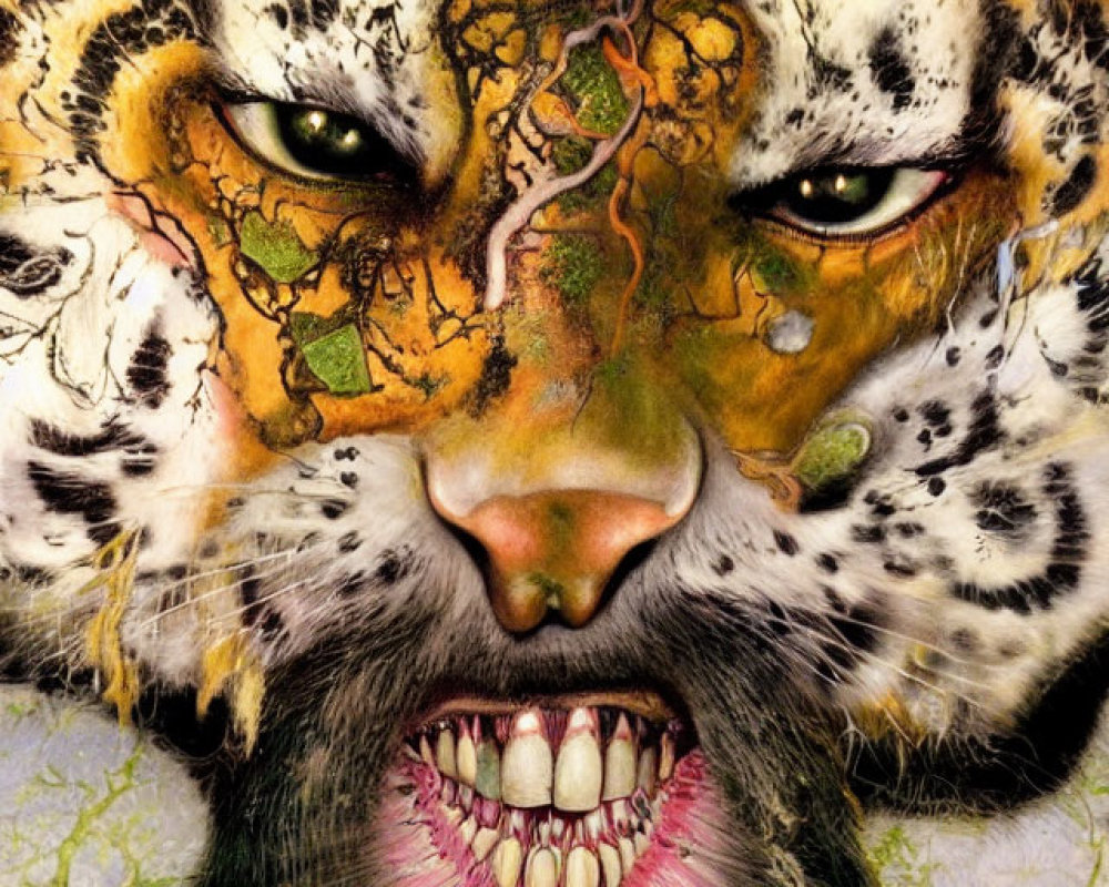 Artistic representation: Human face merged with tiger features - stripes, fur texture, green eyes