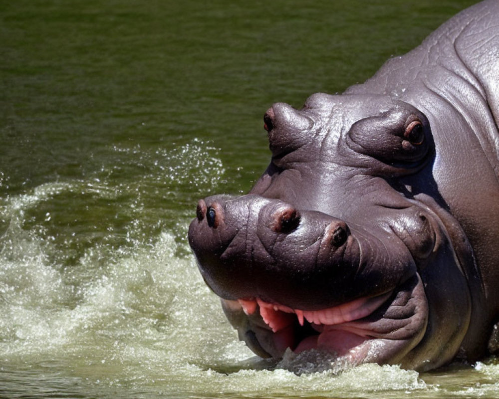 Submerged hippopotamus with open mouth in water