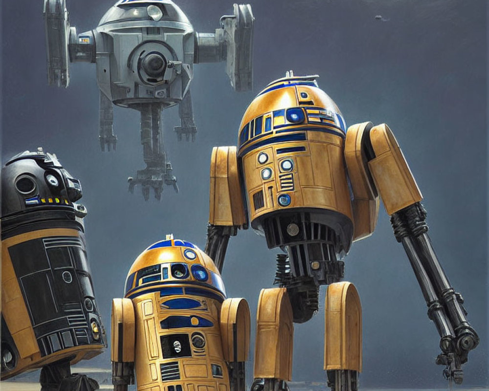 Star Wars droids with R2-D2, similar droid, and bipedal robot near