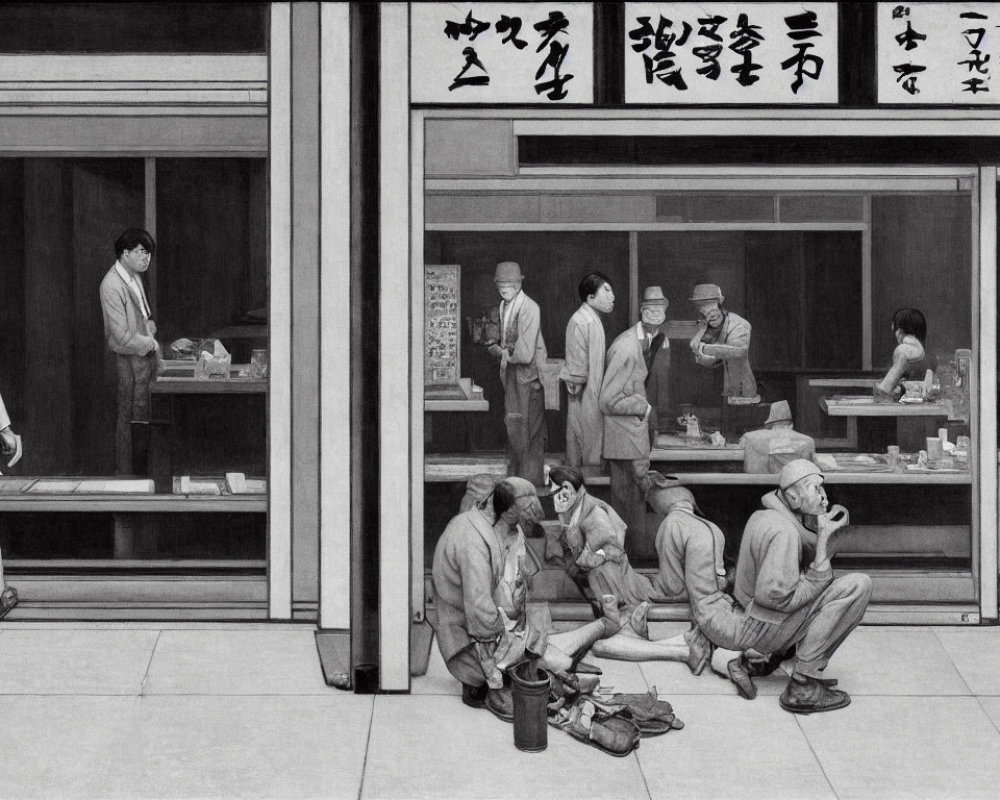 Monochrome street scene with workers outside a restaurant