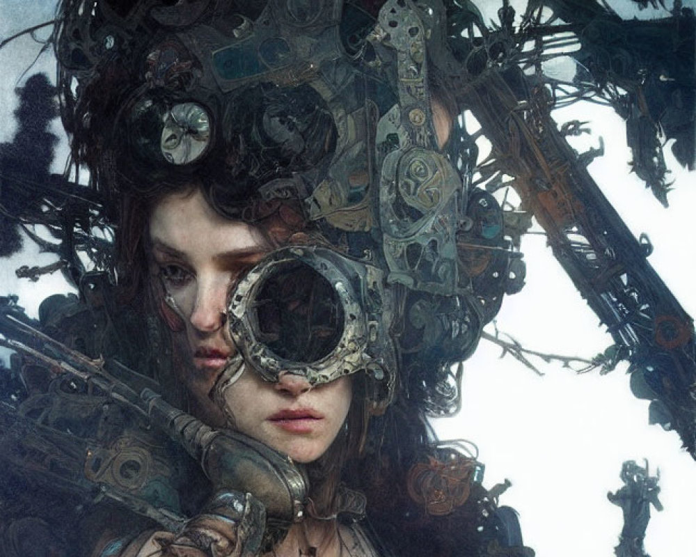 Surreal portrait featuring person with intricate mechanical parts in hair and attire