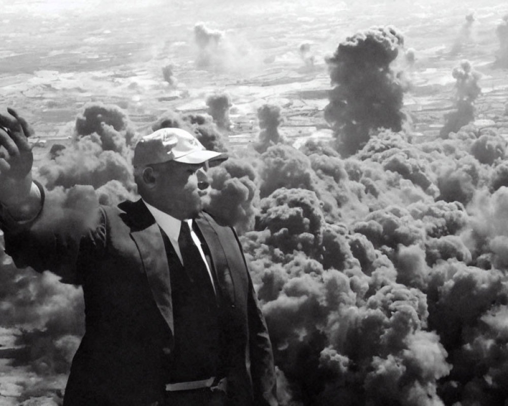 Man in suit and cap gesturing against billowing smoke clouds.