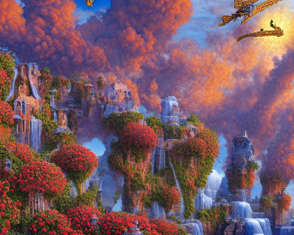 Fantasy landscape with waterfalls, red flora, flying ships, vibrant sky